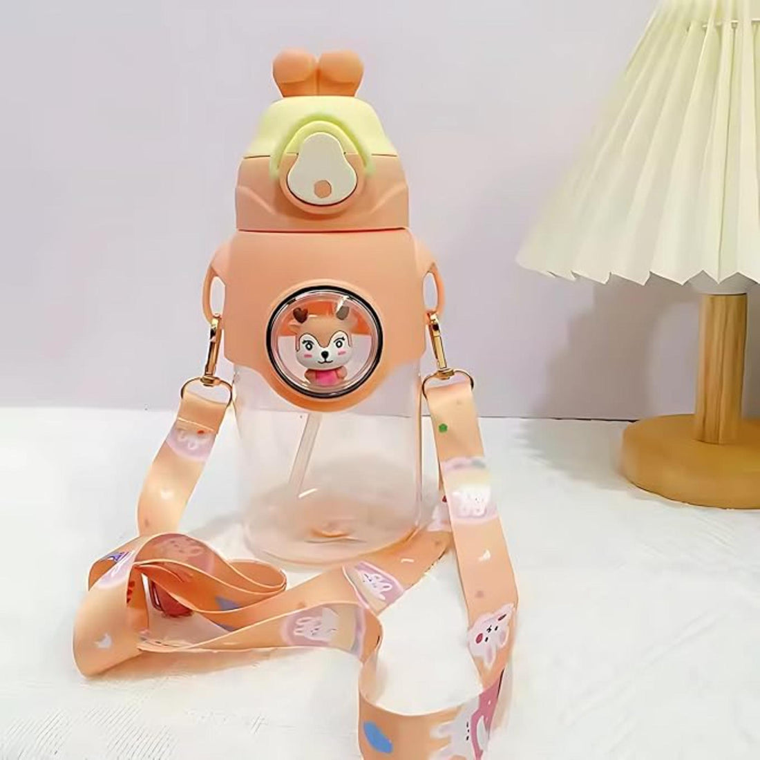 Mobcos Cute Rabbit Cartoon Kids Water Bottle with Straw and Adjustable Strap Food Grade Tritan One-Click Open Portable Leak Proof Insulated BPA Free For Kids Girls School Travel 500ml