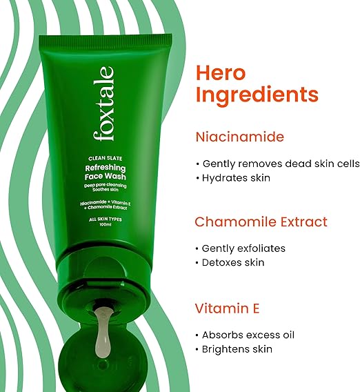 Foxtale Refreshing Face Wash for Deep Cleansing with Niacinamide, Hydrates & Brightens, Non-Drying Cleanser for Glowing Skin, Men & Women, For All Skin Types - 100 ml