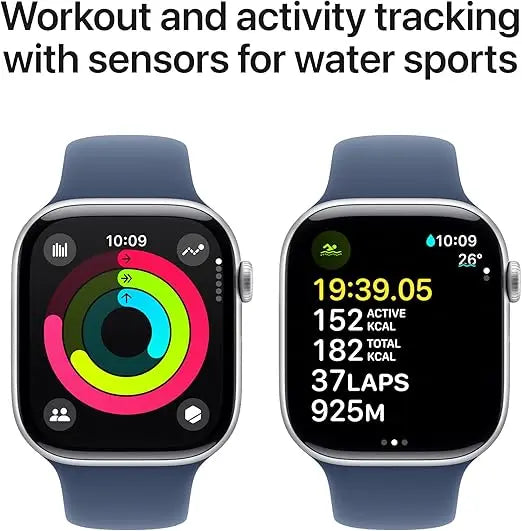 Lstest Apple Watch Series 10 GPS 46 mm Smartwatch with Silver Aluminium Case with Denim Sport Band - M/L. Fitness Tracker, ECG App, Always-On Retina Display, Water Resistant APPLE