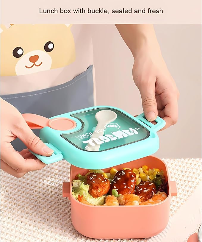 Mobcos Lunchmate Kids Cereal Lunch Box with Stainless Steel Bowl, Spoon and Plastic Scissors - Double Decker BPA Free Clip Lock Leakproof Spill proof - 2 Compartment Design 750ml (Pink)