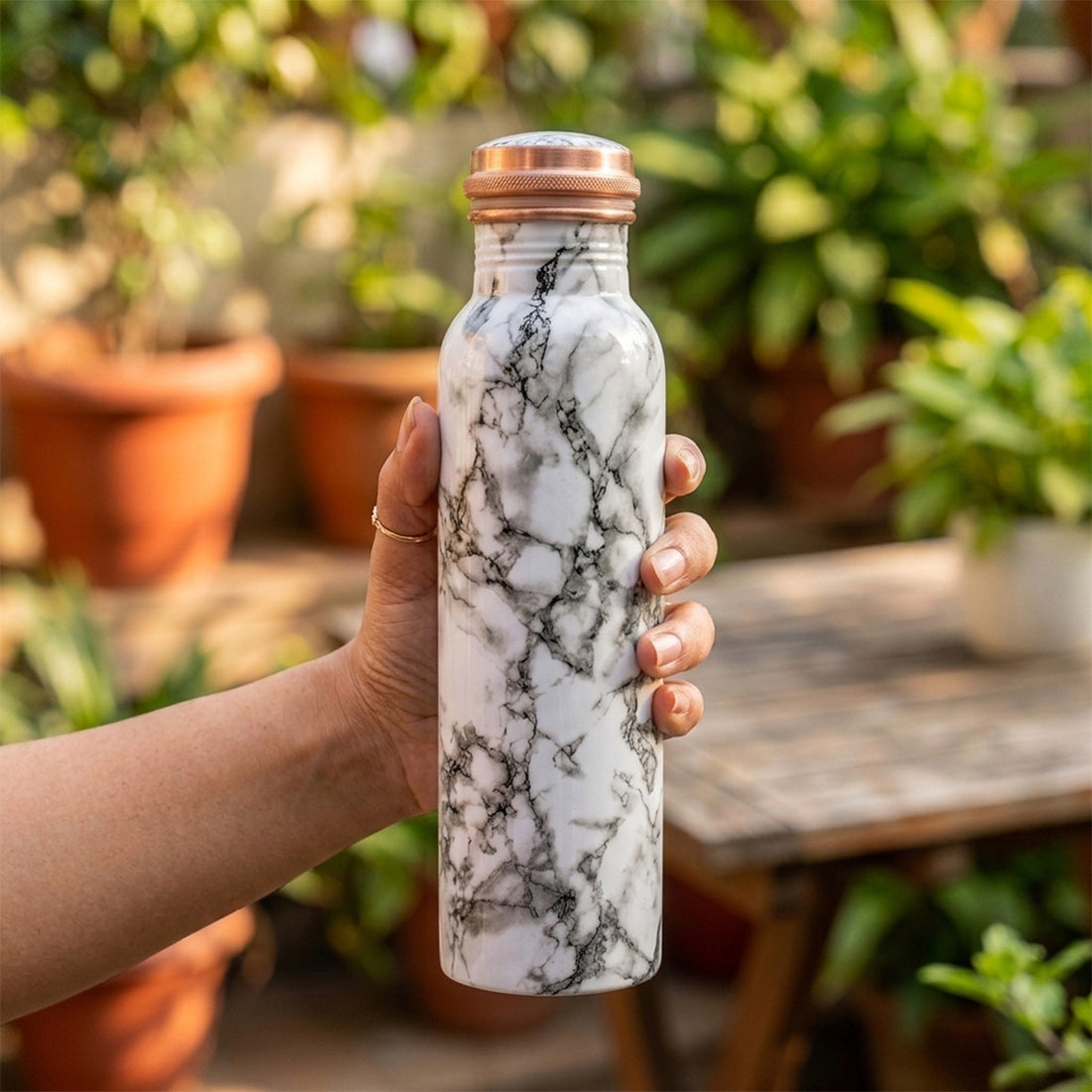 Copper Water Bottle with a Leakproof Cap 1 Litre - Silver Vein Marble