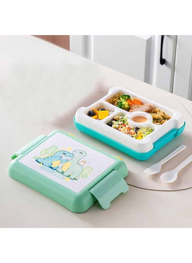 Mobcos Dino Dino Green Plastic Multi-Compartment Portable Kids Lunch Box with Secure Locking Lid for Fresh and Organized Meals Mobcos