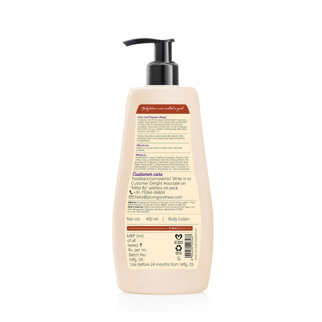 Plum BodyLovin' Vanilla Caramello Body Lotion | Deep Moisturization with Cocoa Butter & Vitamin B5 | Non-Greasy, Soft Glowing Skin for Dry to Very Dry Skin | Warm Vanilla Caramel Fragrance | 400ml