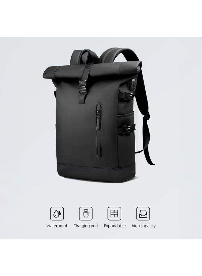 Mobcos Travel Big Back Pack Grey 8448 Expandable Waterproof Roll-Top Laptop Backpack with USB Charging Port Ð Anti-Theft Travel Backpack for Men & Women, Durable Oxford Material, 18LÐ27L Expandable Capacity, Business & Outdoor Daypack