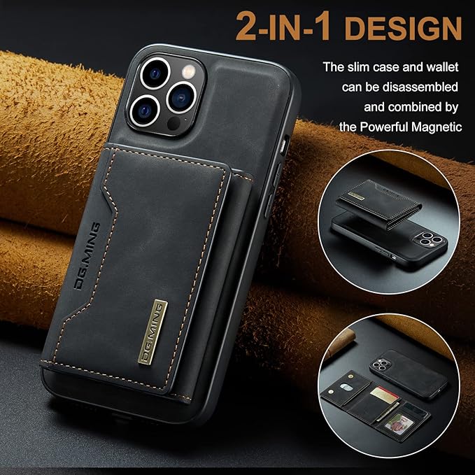 DG.MING Premium Leather Phone Case Back Cover Magnetic Detachable with Trifold Wallet Card Holder Pocket for iPhone 14 Pro Max (Black)