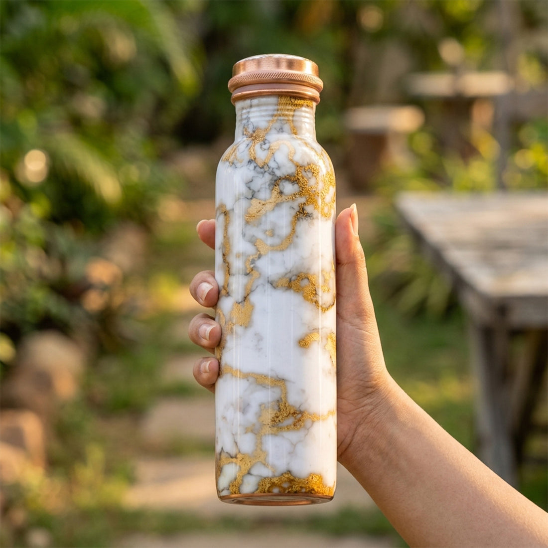 Copper Water Bottle with a Leakproof Cap 1 Litre - Royal White Marble