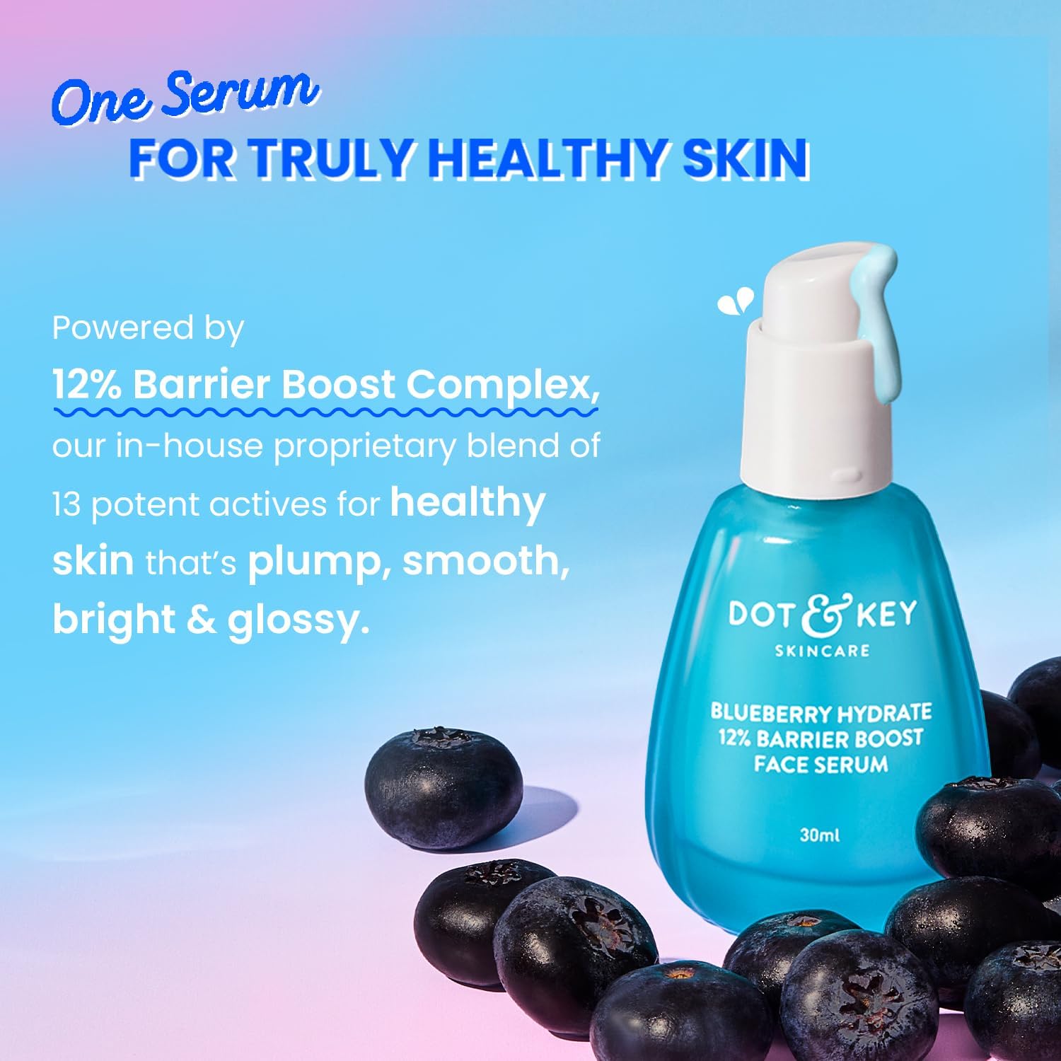Dot & Key Blueberry Hydrate 12% Barrier Boost Serum with 7 Ceramides Niacinamide Hyaluronic Acid, Reduces Dark Spots, Brightens Skin, Provides Intense Hydration Repairs Skin 30ml DOT & KEY