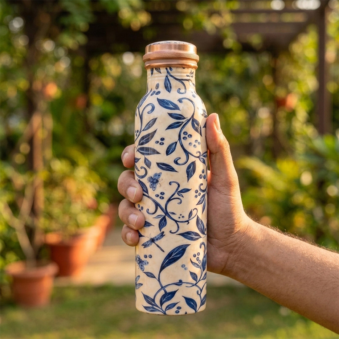 Copper Water Bottle with a Leakproof Cap 1 Litre - Vintage Indigo Vine