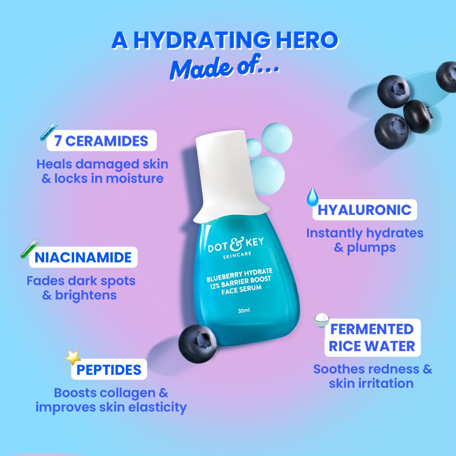 Dot & Key Blueberry Hydrate 12% Barrier Boost Serum with 7 Ceramides Niacinamide Hyaluronic Acid, Reduces Dark Spots, Brightens Skin, Provides Intense Hydration Repairs Skin 30ml DOT & KEY