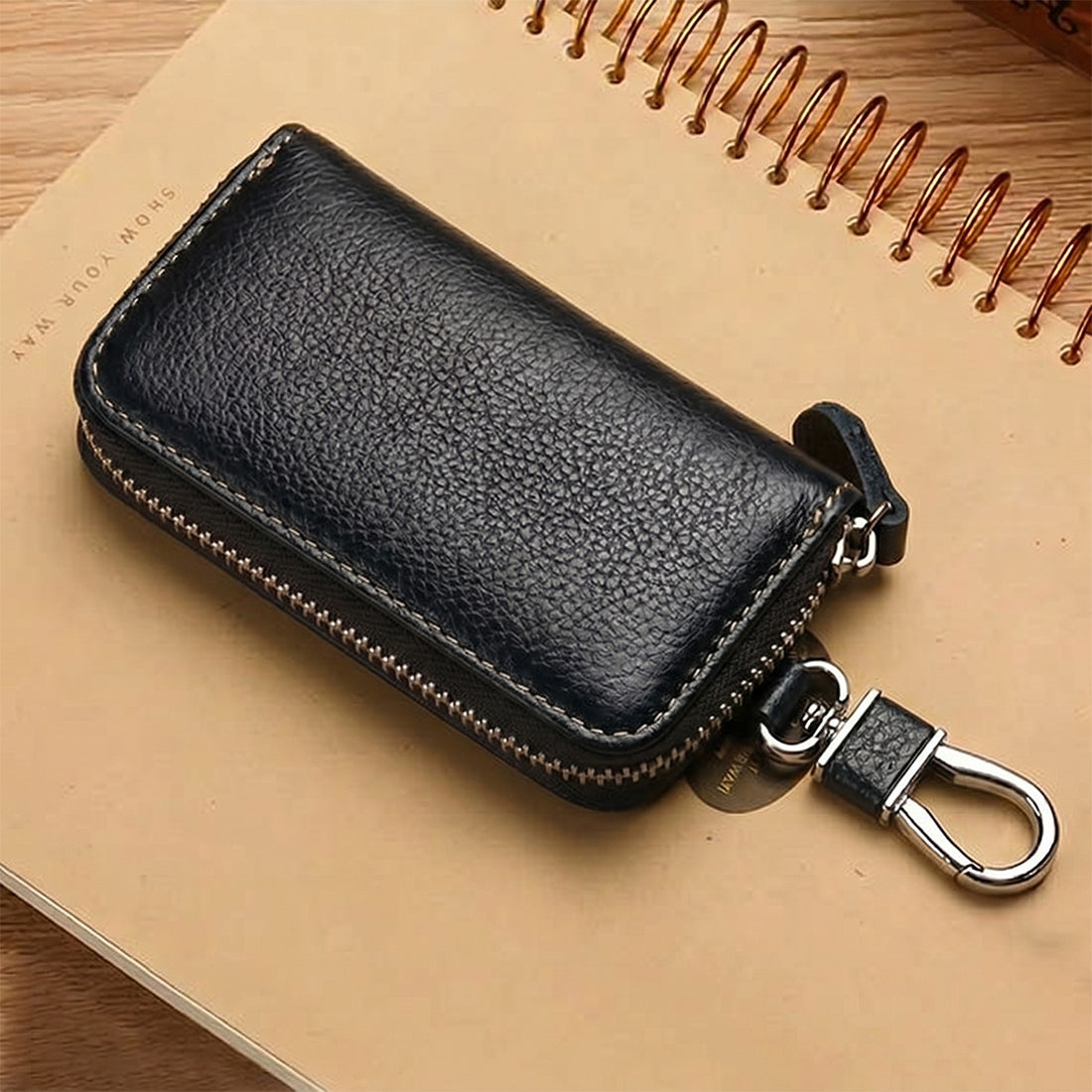 Mobcos Black Leather Key Case – Premium Key Wallet for Car Keys, Key Holder & Key Chain Organizer with 8-Key Fob Storage | Unisex Key Bag for Men & Women MOBCOS