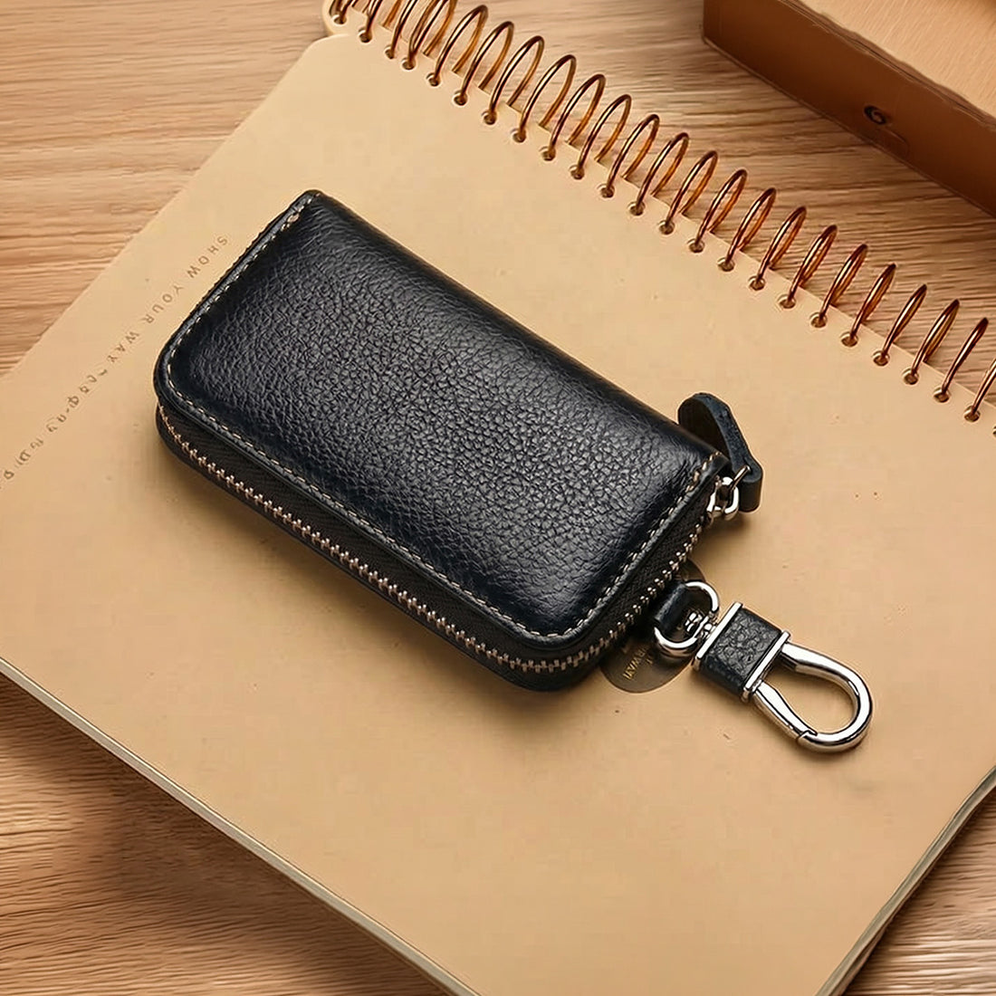 Mobcos Black Leather Key Case – Premium Key Wallet for Car Keys, Key Holder & Key Chain Organizer with 6-Key Fob Storage | Unisex Key Bag for Men & Women MOBCOS