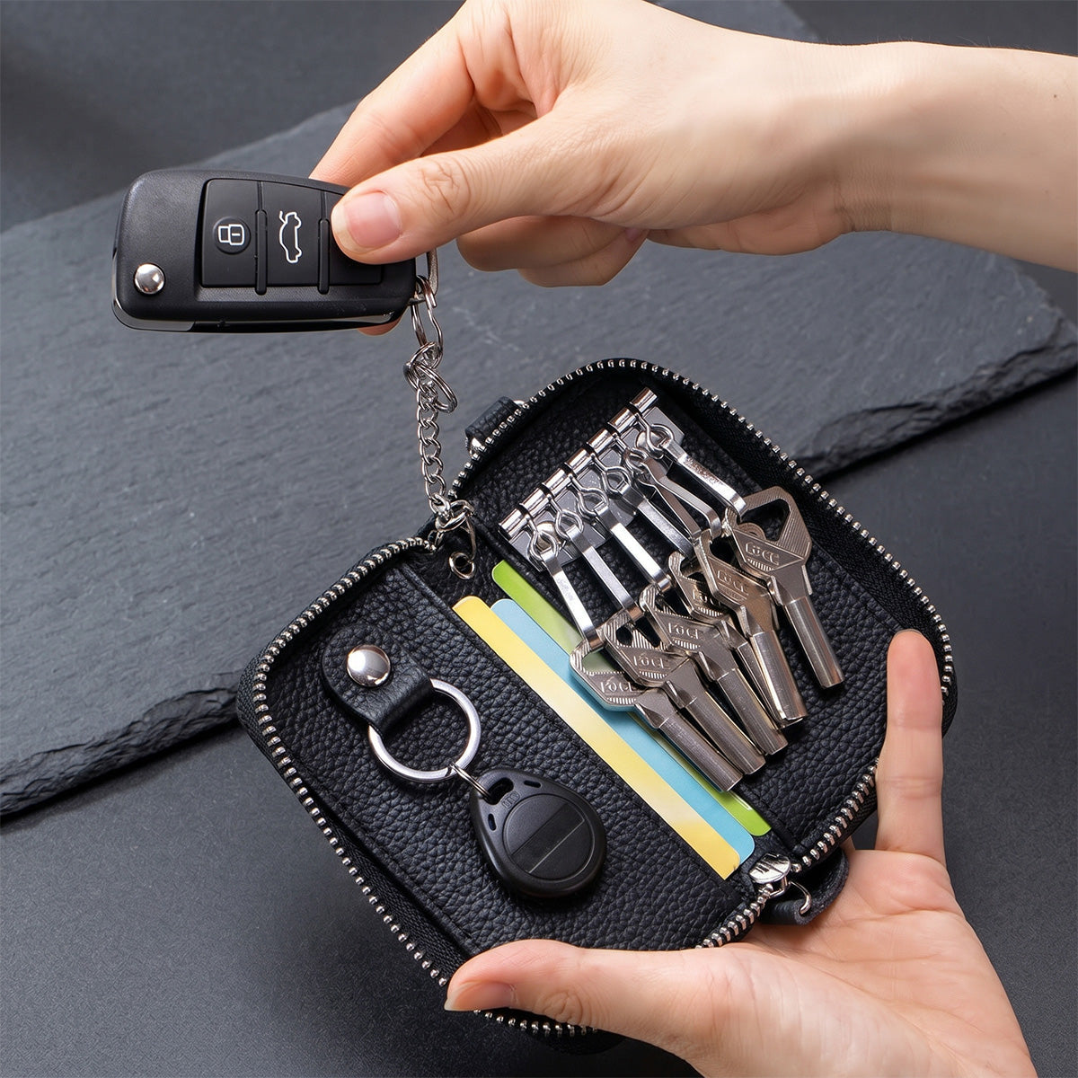 Mobcos Black Leather Key Case (small) – Premium Key Wallet for Car Keys, Key Holder & Key Chain Organizer with 6-Key Fob Storage | Unisex Key Bag for Men & Women MOBCOS