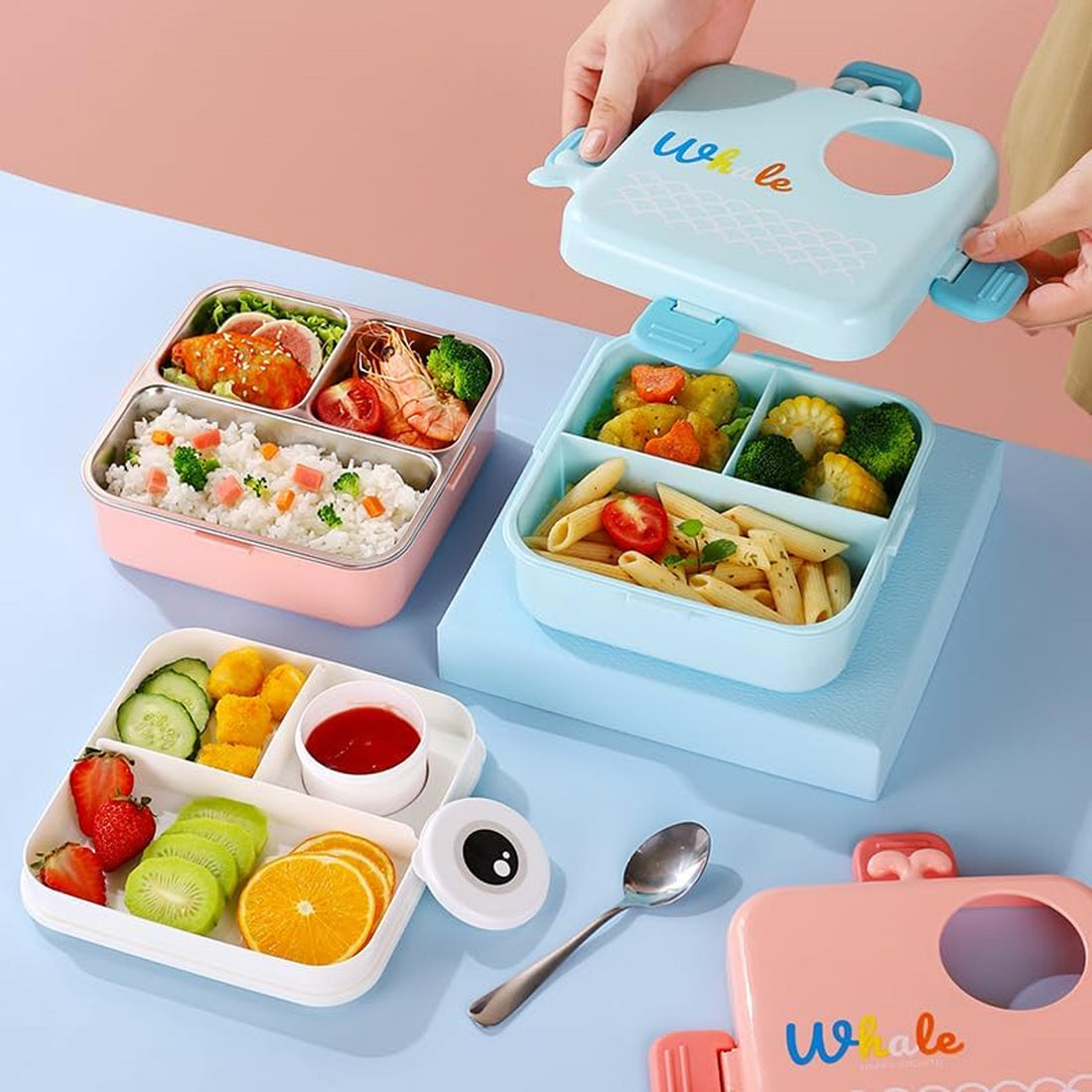 Mobcos Cute Bear Double Layer 3 Grids Tiffin Food Container – Stainless Steel Thermal Insulated Bento Lunch Box for Kids & Children (Blue) MOBCOS