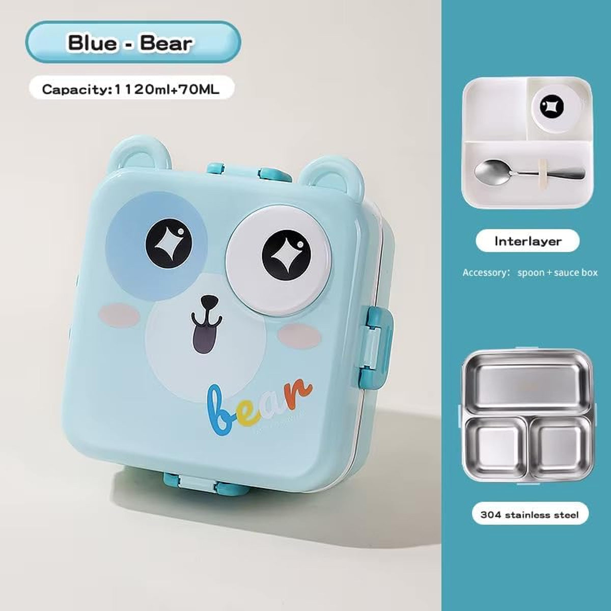 Mobcos Cute Bear Double Layer 3 Grids Tiffin Food Container – Stainless Steel Thermal Insulated Bento Lunch Box for Kids & Children (Blue) MOBCOS