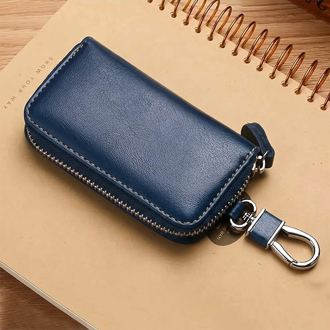 Mobcos Blue Leather Key Case – Premium Key Wallet for Car Keys, Key Holder & Key Chain Organizer with 8-Key Fob Storage | Unisex Key Bag for Men & Women MOBCOS