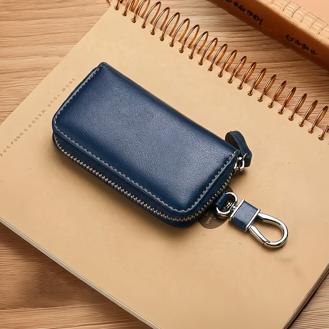 Mobcos Blue Leather Key Case – Premium Key Wallet for Car Keys, Key Holder & Key Chain Organizer with 6-Key Fob Storage | Unisex Key Bag for Men & Women MOBCOS