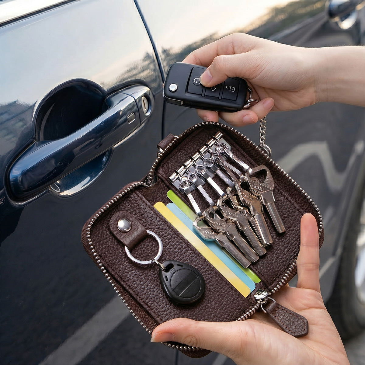 Mobcos Brown Leather Key Case (small) – Premium Key Wallet for Car Keys, Key Holder & Key Chain Organizer with 6-Key Fob Storage | Unisex Key Bag for Men & Women MOBCOS