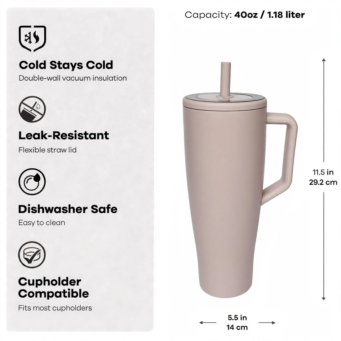 Insulated Tumbler with Handle | Straw Travel Cup 1.2L (Soft Taupe)