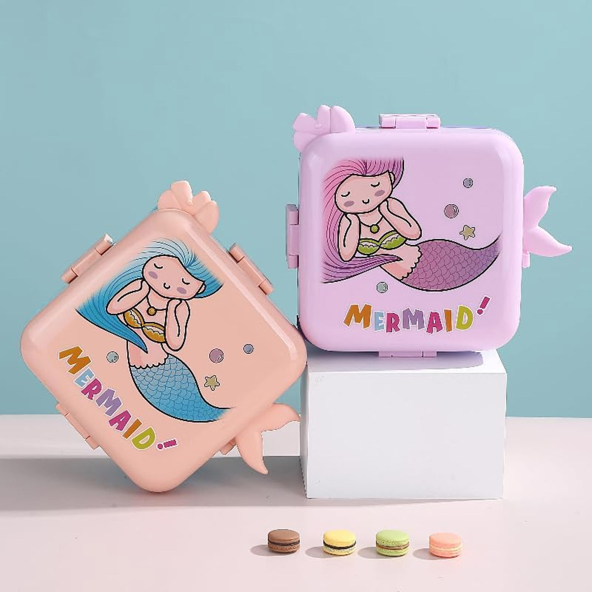 Mobcos Cute Mermaid Double Layer 3 Grids Tiffin Food Container – Stainless Steel Thermal Insulated Bento Lunch Box for Kids & Children (Light Pink) MOBCOS