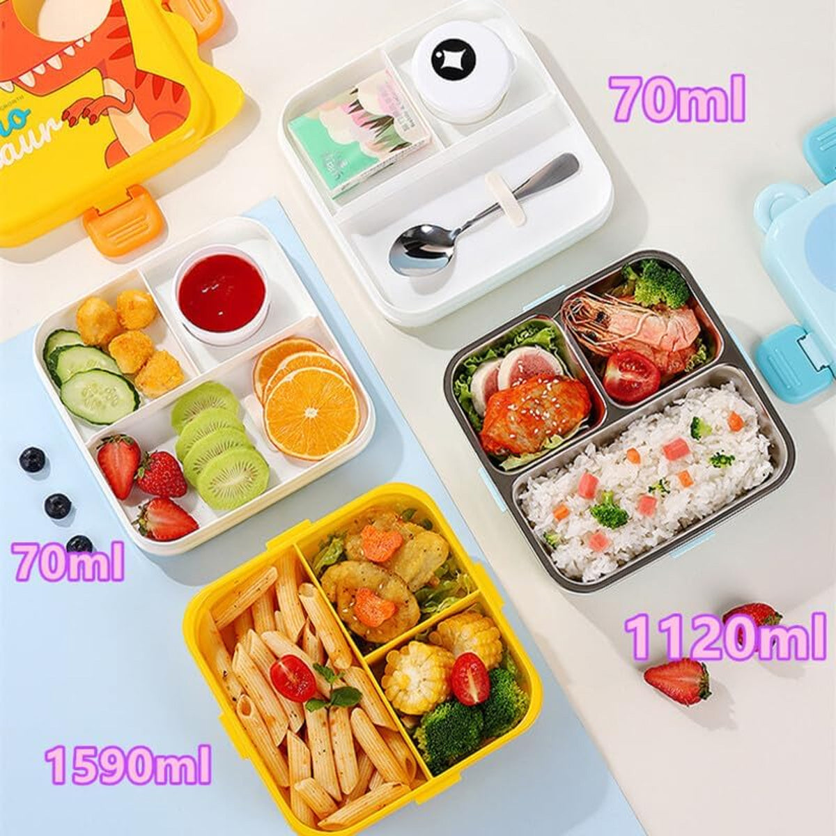 Mobcos Cute Mermaid Double Layer 3 Grids Tiffin Food Container – Stainless Steel Thermal Insulated Bento Lunch Box for Kids & Children (Light Pink) MOBCOS