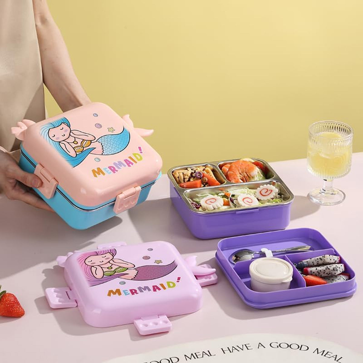 Mobcos Cute Mermaid Double Layer 3 Grids Tiffin Food Container – Stainless Steel Thermal Insulated Bento Lunch Box for Kids & Children (Light Pink) MOBCOS
