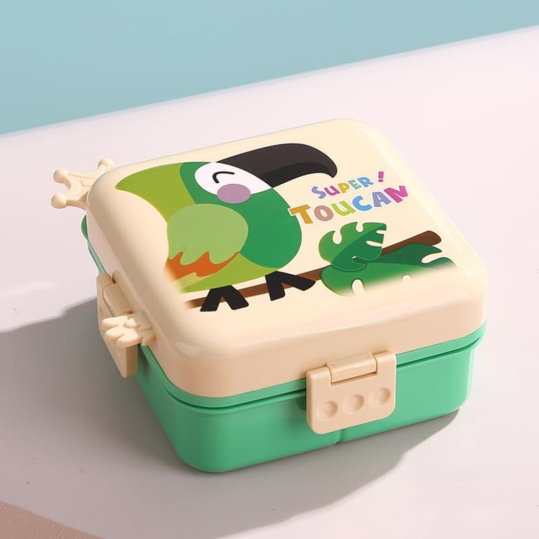 Mobcos Cute Parrot Double Layer 3 Grids Tiffin Food Container – Stainless Steel Thermal Insulated Bento Lunch Box for Kids & Children (Cream) MOBCOS