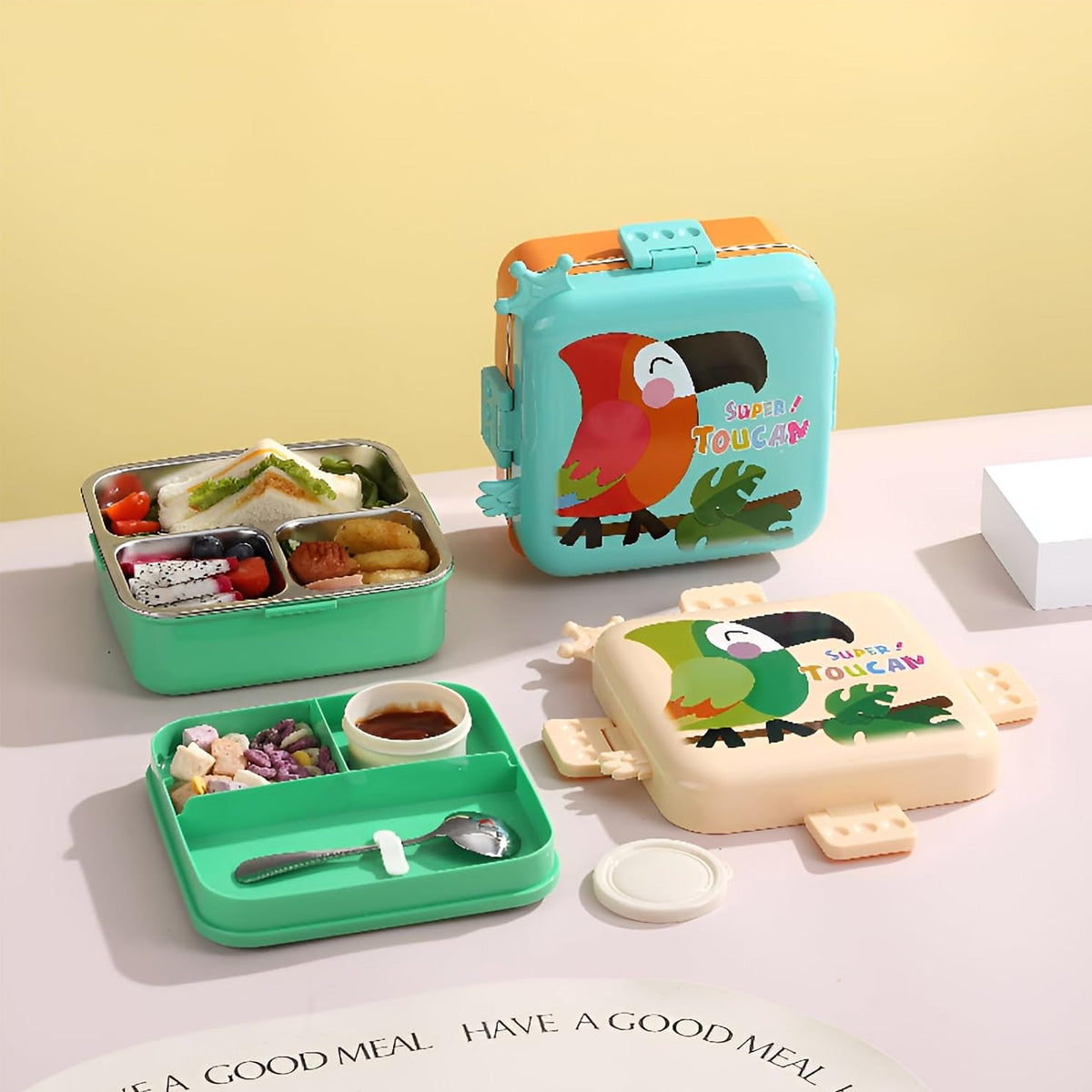 Mobcos Cute Parrot Double Layer 3 Grids Tiffin Food Container – Stainless Steel Thermal Insulated Bento Lunch Box for Kids & Children (Cream) MOBCOS