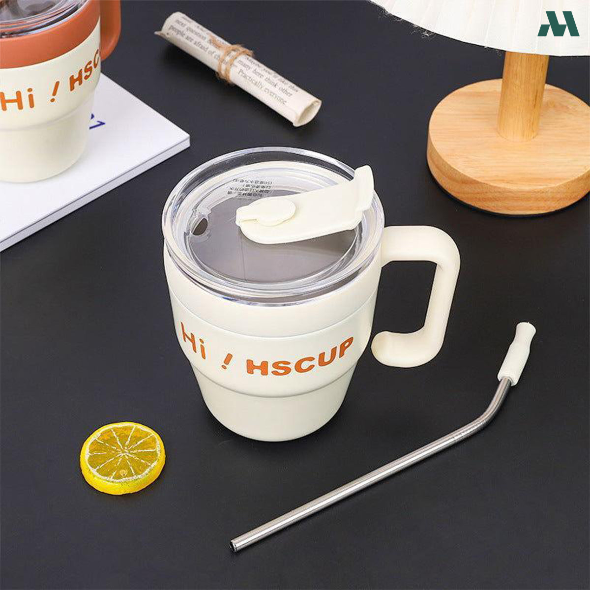 Mobcos 450ML Double-Wall Vacuum Travel Coffee Mug with Handle & Straw – Stainless Steel Insulated Thermal Tumbler, Leakproof Coffee Cup for Home, Office & Travel `1 MOBCOS