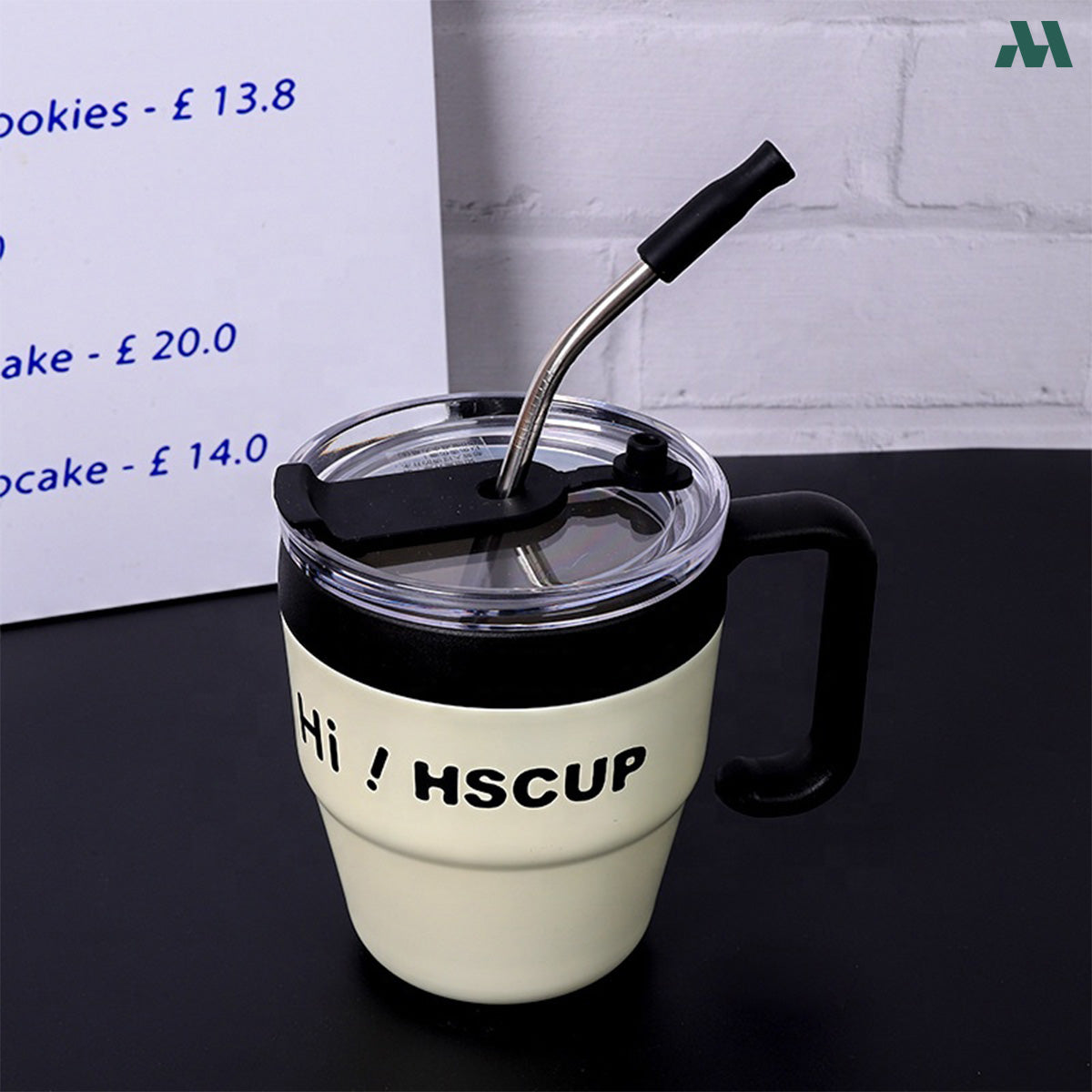 Mobcos 450ML Double-Wall Vacuum Travel Coffee Mug with Handle & Straw – Stainless Steel Insulated Thermal Tumbler, Leakproof Coffee Cup for Home, Office & Travel `1 MOBCOS