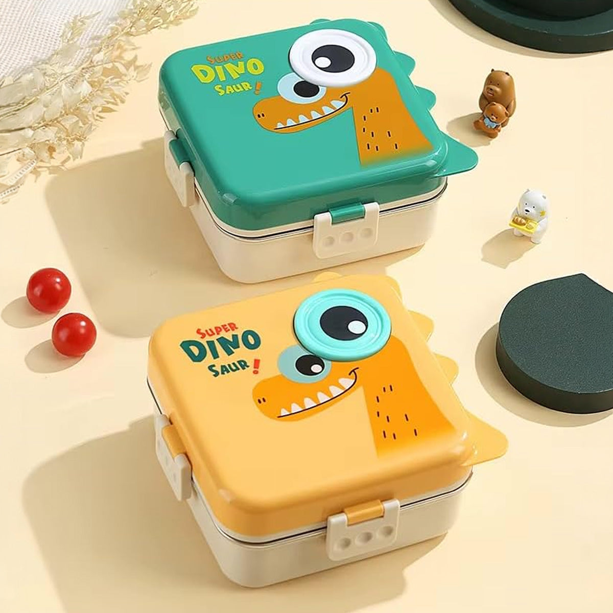 Mobcos Cute Dinosaur Double Layer 3 Grids Tiffin Food Container – Stainless Steel Thermal Insulated Bento Lunch Box for Kids & Children (Green) MOBCOS
