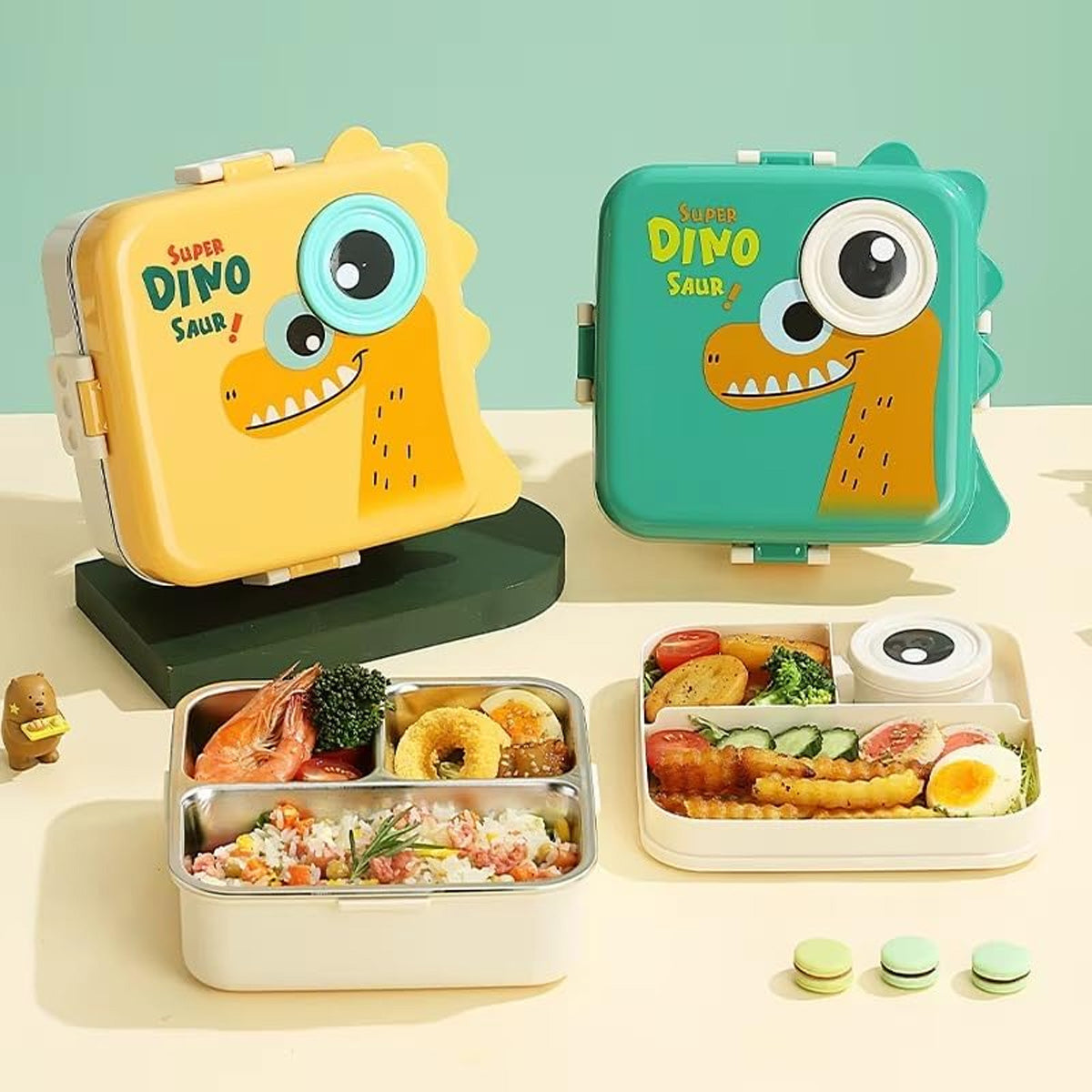 Mobcos Cute Dinosaur Double Layer 3 Grids Tiffin Food Container – Stainless Steel Thermal Insulated Bento Lunch Box for Kids & Children (Green) MOBCOS