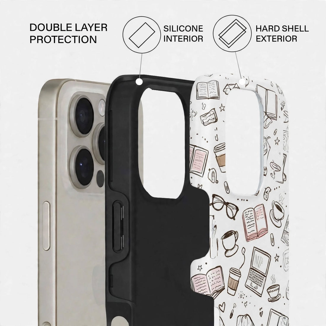 Shockproof Grey Doodle Dual-Layer Case – iPhone 16 Pro / Pro Max