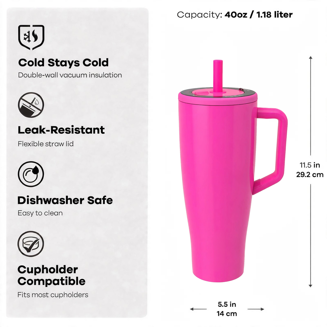 Insulated Tumbler with Handle | Straw Travel Cup 1.2L (Hot Pink)