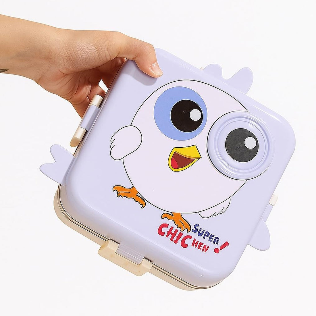Mobcos Cute Chicken Double Layer 3 Grids Tiffin Food Container – Stainless Steel Thermal Insulated Bento Lunch Box for Kids & Children (Light Purple) MOBCOS