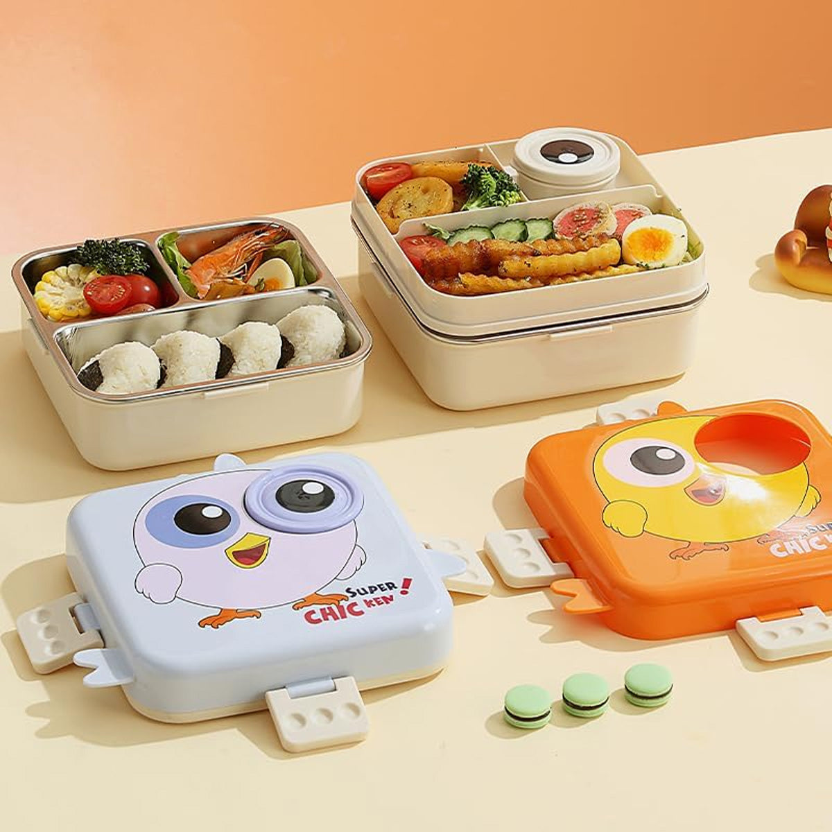 Mobcos Cute Chicken Double Layer 3 Grids Tiffin Food Container – Stainless Steel Thermal Insulated Bento Lunch Box for Kids & Children (Light Purple) MOBCOS