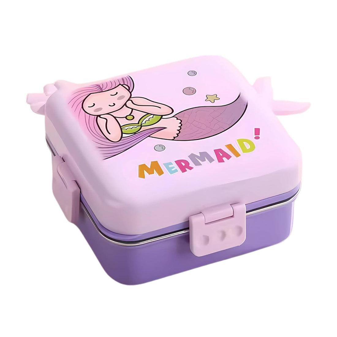 Mobcos Cute Mermaid Double Layer 3 Grids Tiffin Food Container – Stainless Steel Thermal Insulated Bento Lunch Box for Kids & Children (Purple) MOBCOS