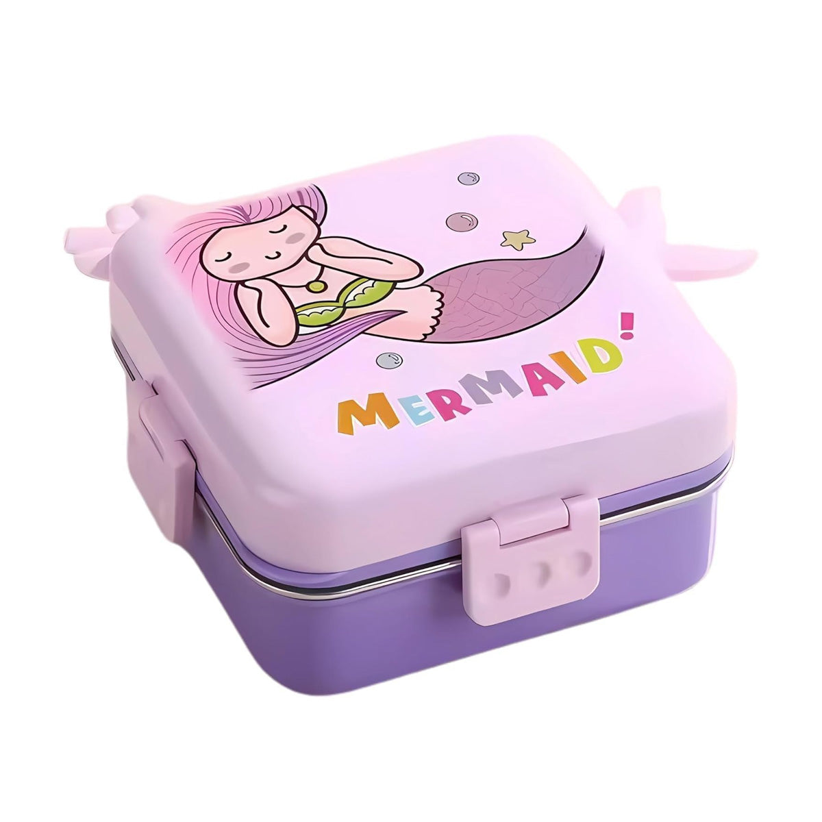 Mobcos Cute Mermaid Double Layer 3 Grids Tiffin Food Container – Stainless Steel Thermal Insulated Bento Lunch Box for Kids & Children (Purple) MOBCOS