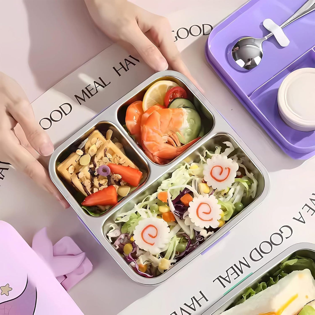 Mobcos Cute Mermaid Double Layer 3 Grids Tiffin Food Container – Stainless Steel Thermal Insulated Bento Lunch Box for Kids & Children (Purple) MOBCOS
