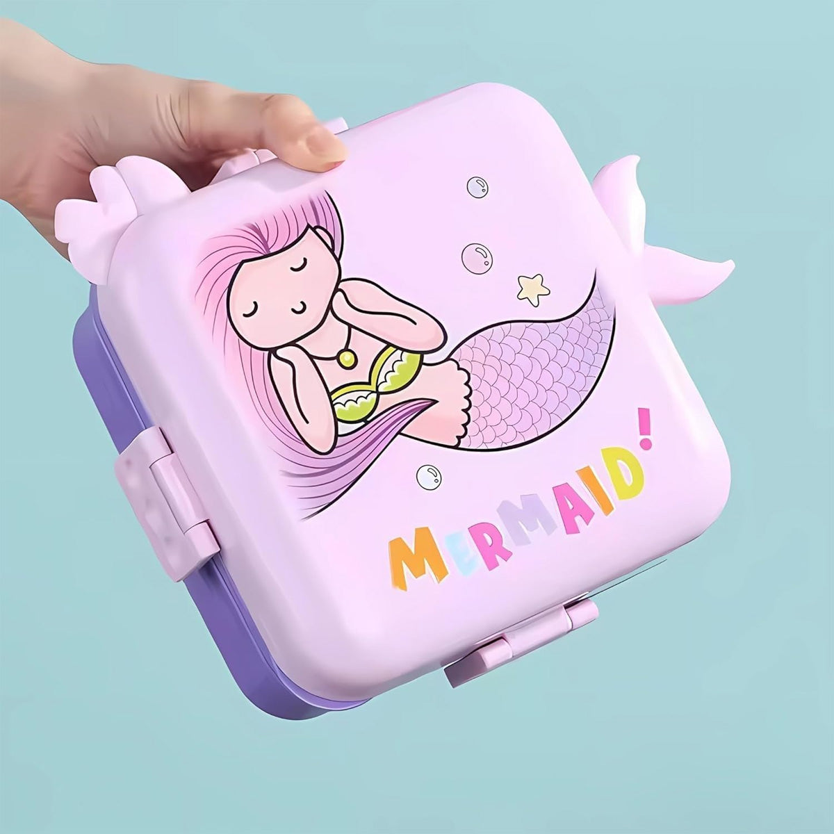 Mobcos Cute Mermaid Double Layer 3 Grids Tiffin Food Container – Stainless Steel Thermal Insulated Bento Lunch Box for Kids & Children (Purple) MOBCOS