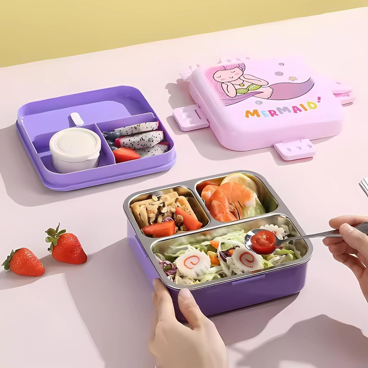 Mobcos Cute Mermaid Double Layer 3 Grids Tiffin Food Container – Stainless Steel Thermal Insulated Bento Lunch Box for Kids & Children (Purple) MOBCOS