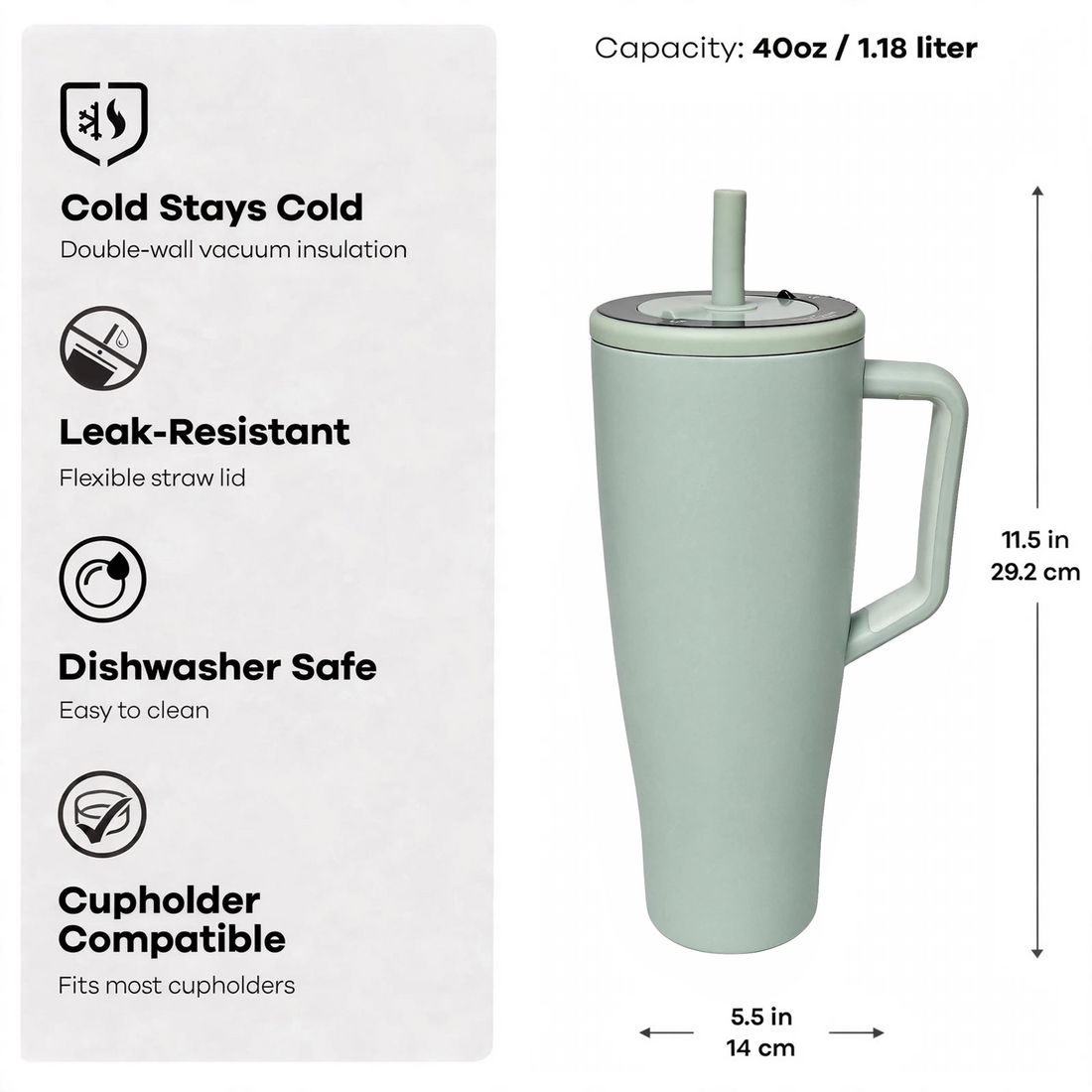 Insulated Tumbler with Handle | Straw Travel Cup 1.2L (Sage Mist)