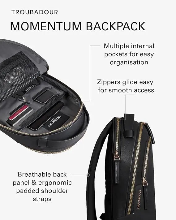 Troubadour Momentum Backpack - Premium Vegan, Lightweight & Waterproof - Padded 16" Laptop Pocket - Ergonomic Comfort Straps - Made From Responsibly Sourced Materials - Black Troubadour