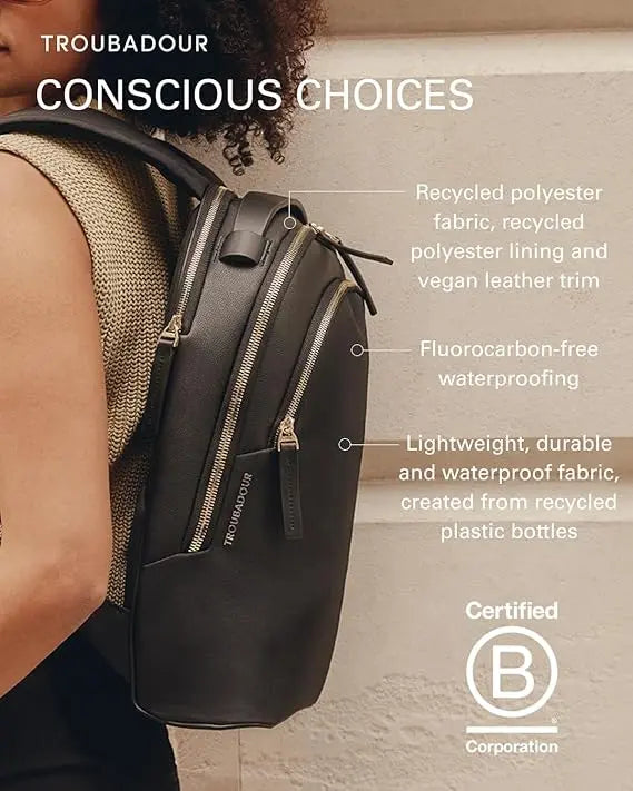 Troubadour Momentum Backpack - Premium Vegan, Lightweight & Waterproof - Padded 16" Laptop Pocket - Ergonomic Comfort Straps - Made From Responsibly Sourced Materials - Black Troubadour