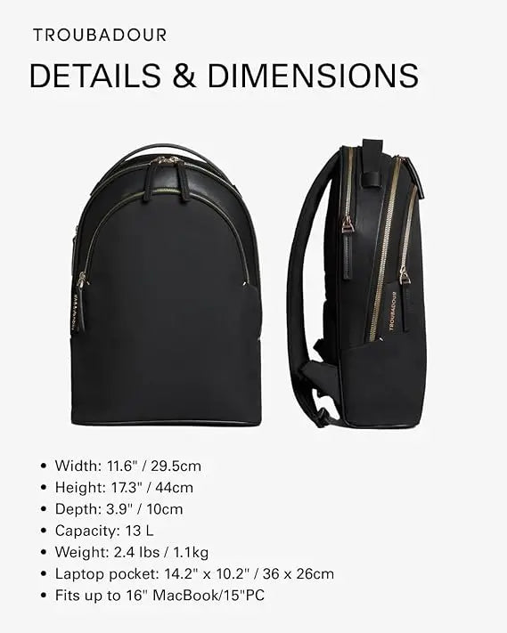 Troubadour Momentum Backpack - Premium Vegan, Lightweight & Waterproof - Padded 16" Laptop Pocket - Ergonomic Comfort Straps - Made From Responsibly Sourced Materials - Black Troubadour