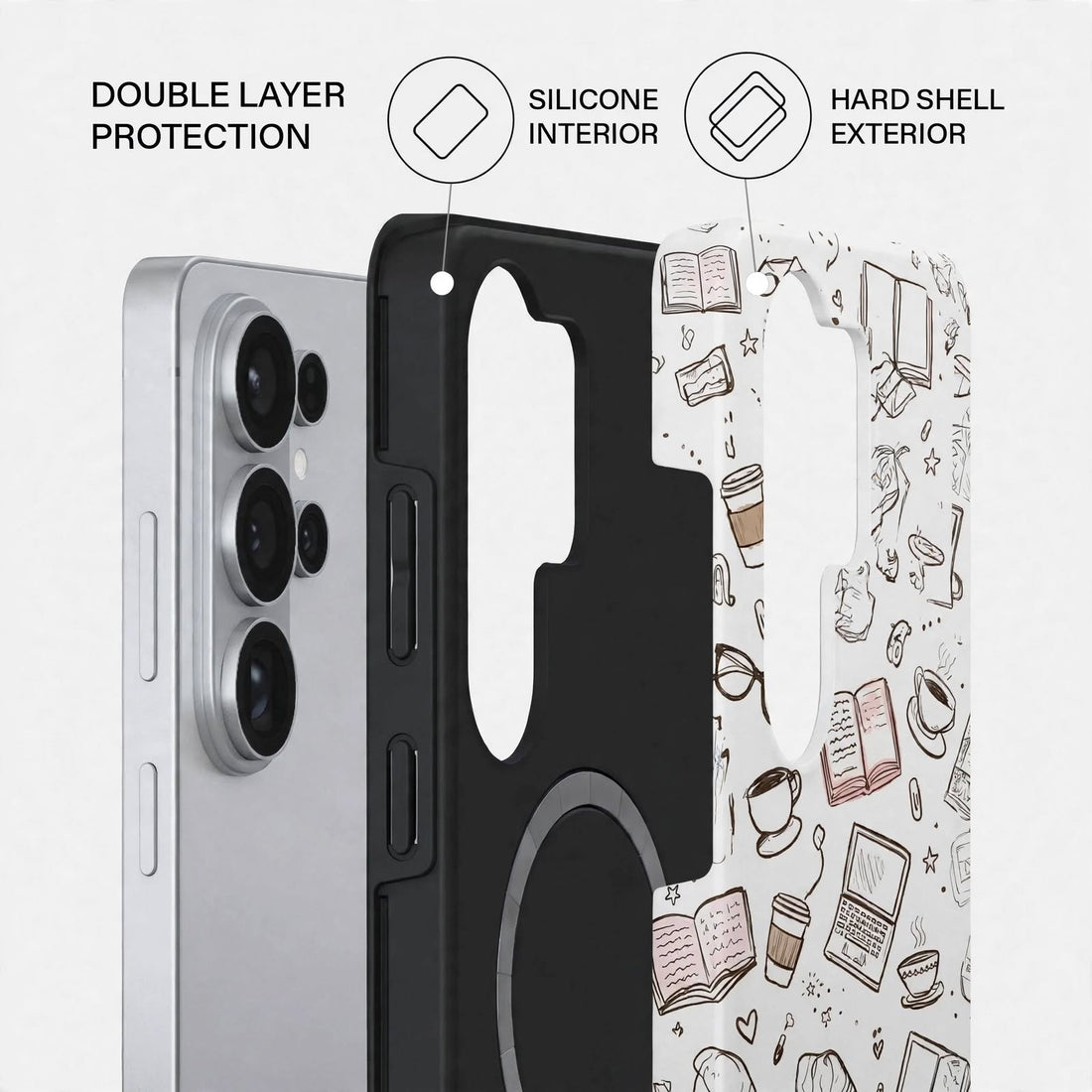 Shockproof Grey Doodle Dual-Layer Case – Samsung Galaxy S24/S25 & S26 Ultra