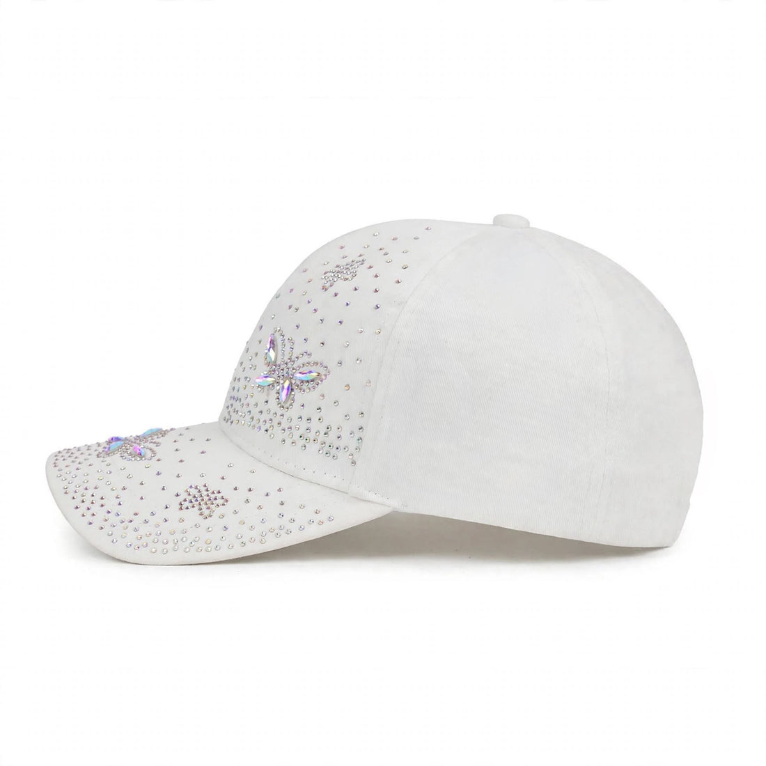 Women's White Rhinestone Floral Baseball Cap