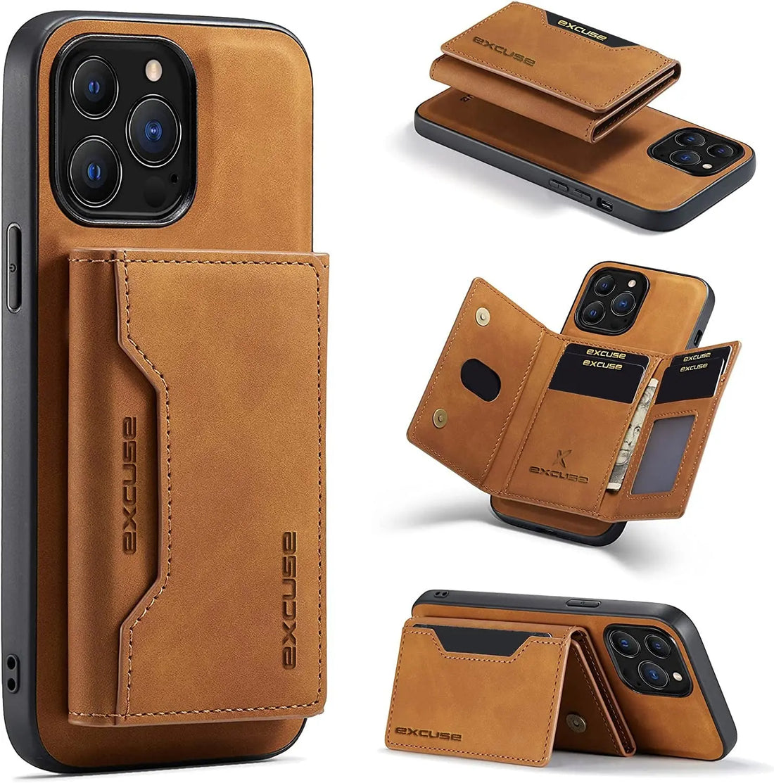 excuse Premium Leather Wallet Case for iPhone 13 Pro Max - Magnetic Detachable Back Cover with Trifold Card Holder in Rich Brown excuse