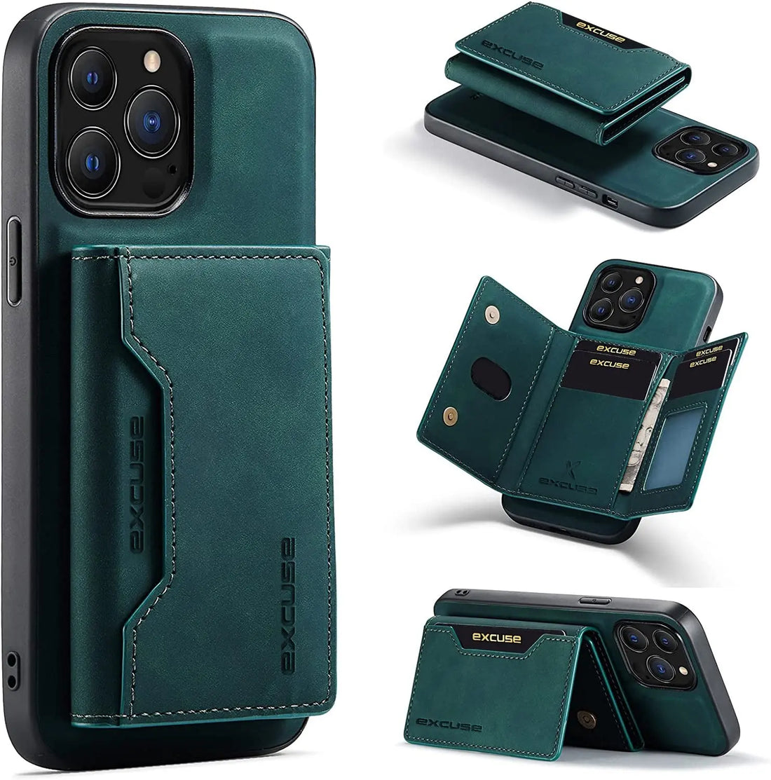 Wallet Case Compatible with iPhone 13 Pro, excuse Premium Leather Phone Case Back Cover Magnetic Detachable with Trifold Wallet Card Holder Pocket for iPhone 13 Pro 6.1 inch (Green) excuse