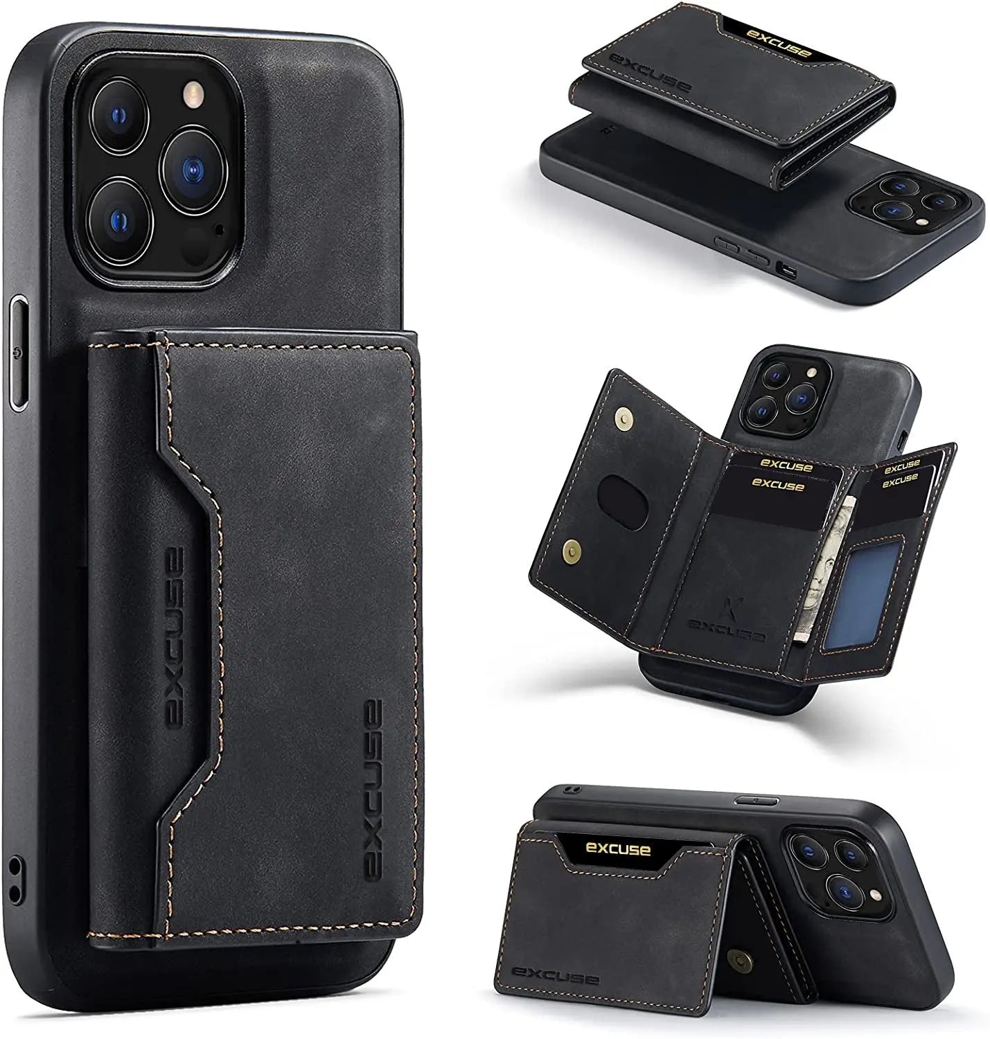 Excuse Premium Leather Wallet Case for iPhone 14 Pro Max - Magnetic Detachable Back Cover with Trifold Card Holder in Black excuse