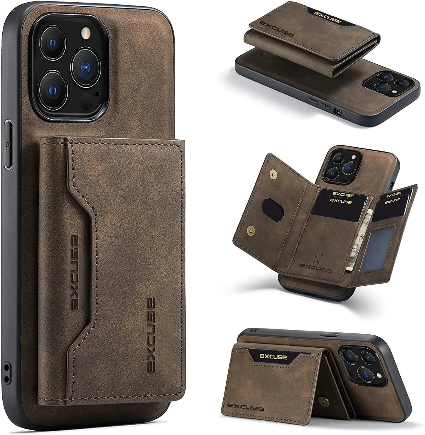 Excuse Premium Leather Wallet Case for iPhone 13 Pro (6.1 inch) - Magnetic Detachable Back Cover with Trifold Card Holder in Coffee Brown excuse